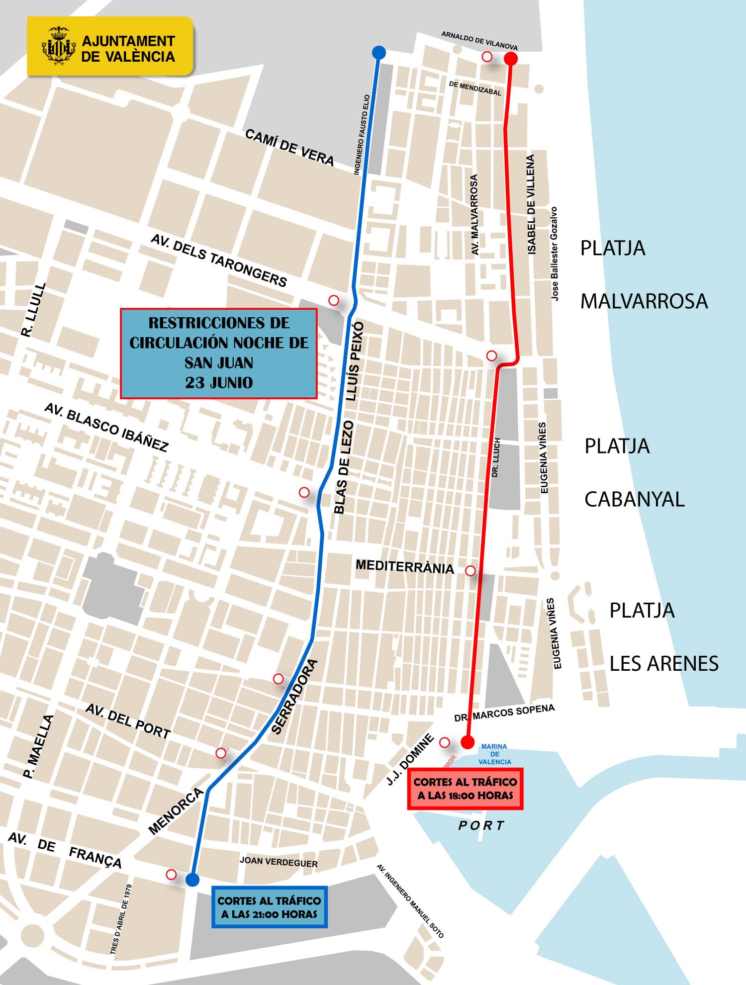 Cortes de trafico Noche San Juan 2025 en Valencia